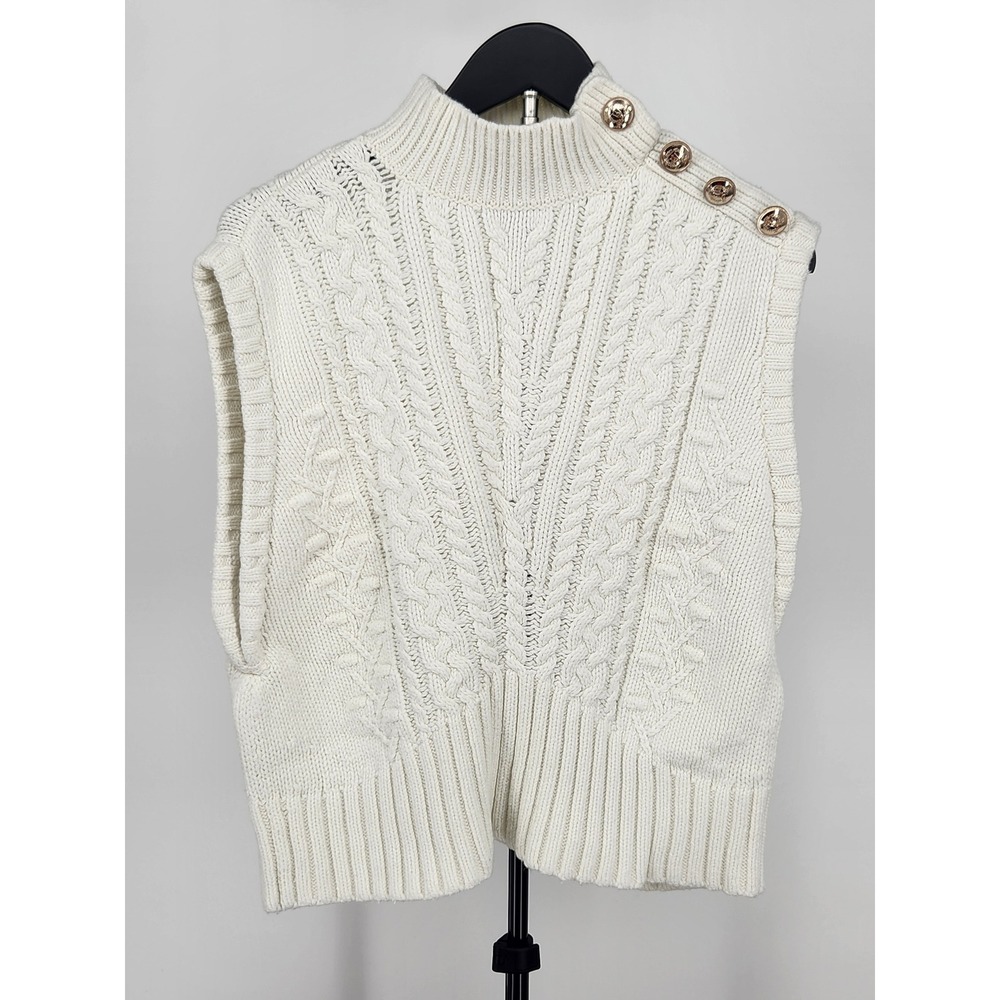 Talbots Womens Ivory Cable Knit Sweater Vest Gold Button Mock Neck Medium